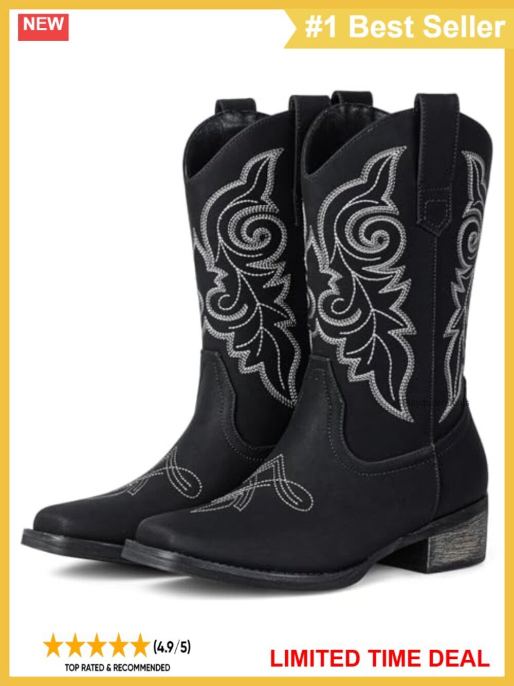 Faux Leather Western Cowboy Boots Square Toe Mid Calf Chunky Heel Pull On